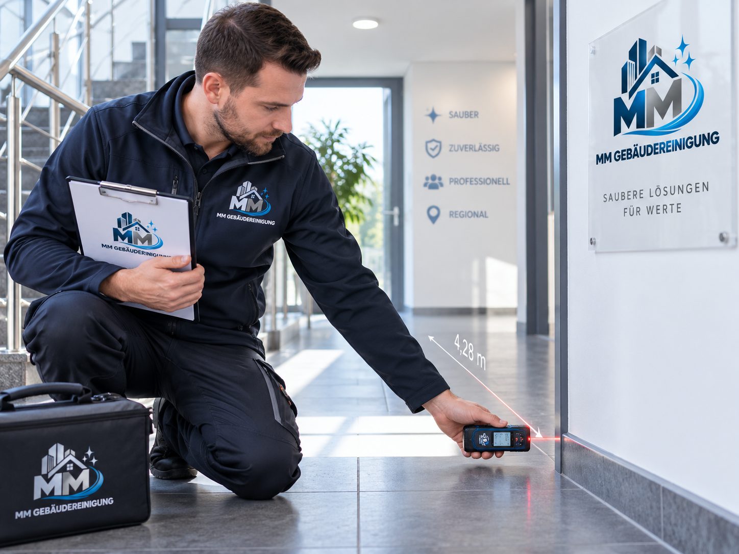 Mitarbeiter misst bei der Begehung im Eingangsbereich die Fläche mit einem Lasermessgerät